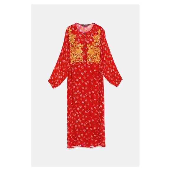 Zara Red Flowy Embroidered Dress - Picture 7 of 9